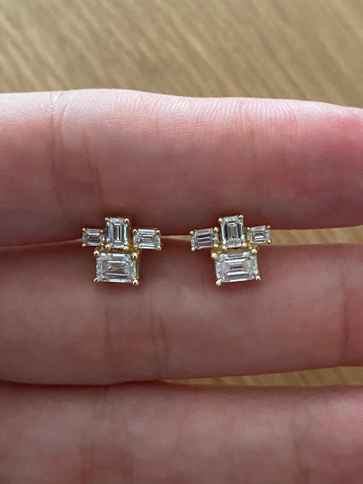 14K Gold Emerald Cut Lab Diamond Cluster Stud Earrings – 1.25 CTW