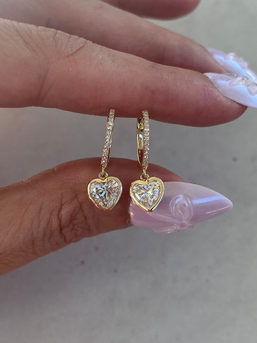 14K 1.2 TCW Lab Diamond Bezel Heart Huggie Earrings