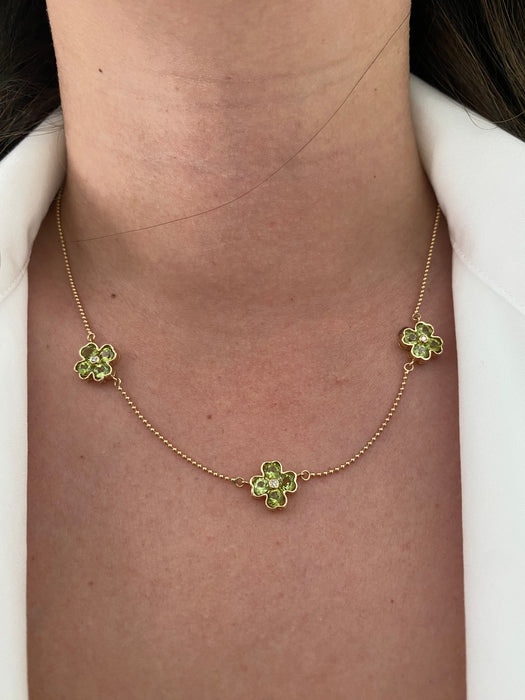 14k peridot clover bead station necklace 18”