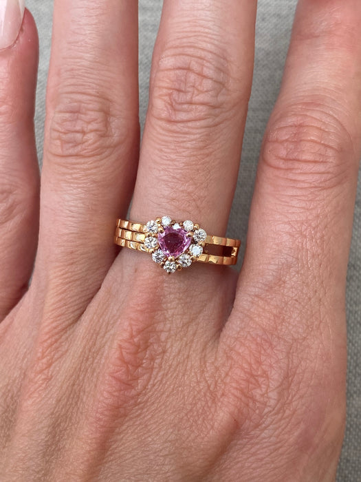 Vintage 18K Rose Gold Pink Sapphire Heart Ring with Diamond Halo – Size 7