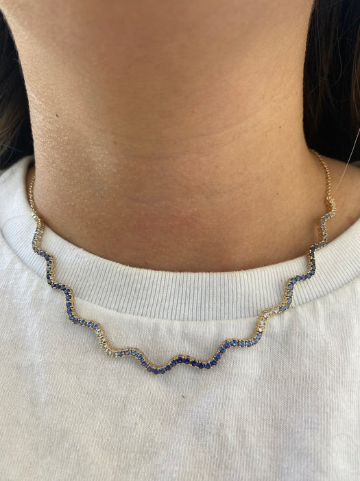 14K Gold Wavy Ombre Blue Sapphire Necklace