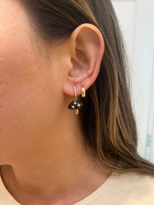 14K Gold Diamond Huggie Earrings with Black Enamel Mushroom Charms