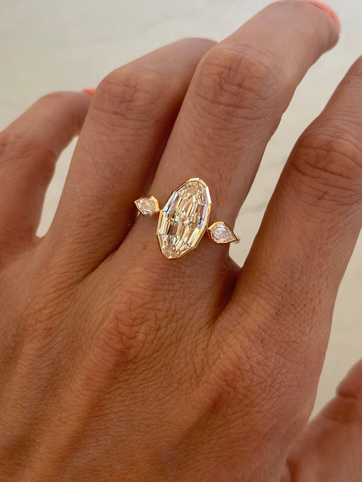 14K Bezel Set Lab Diamond Trilogy Ring – 3.46ct Oval Step Cut Center with Pear Side Stones (IGI Certified VVS2 F)