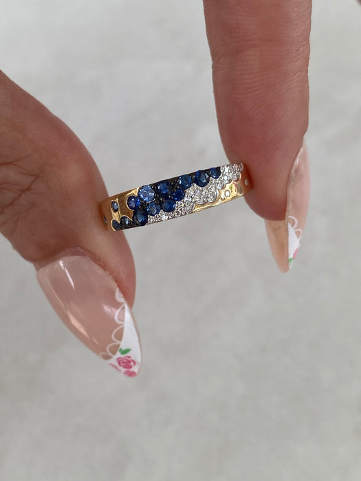 14K Blue Sapphire & Diamond Flush Set Ring