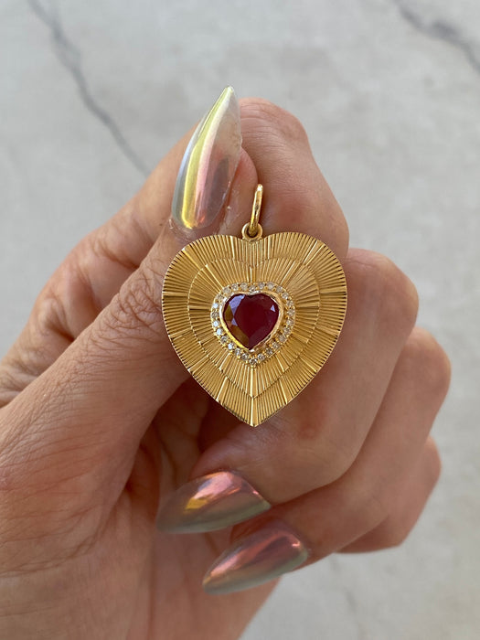 14K Natural Ruby & Diamond Fluted Heart Charm