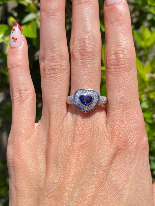 Vintage Platinum 900 Heart Sapphire & Diamond Ring