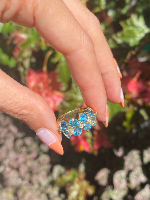 18k blue topaz diamond flower ring size 6