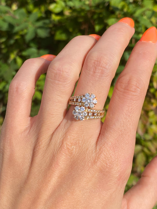 Vintage 18K Gold Diamond Bypass Flower Ring – 1.34 TCW – Size 6.5