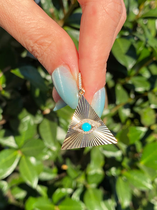 14k fluted triangle evil eye turquoise diamond charm