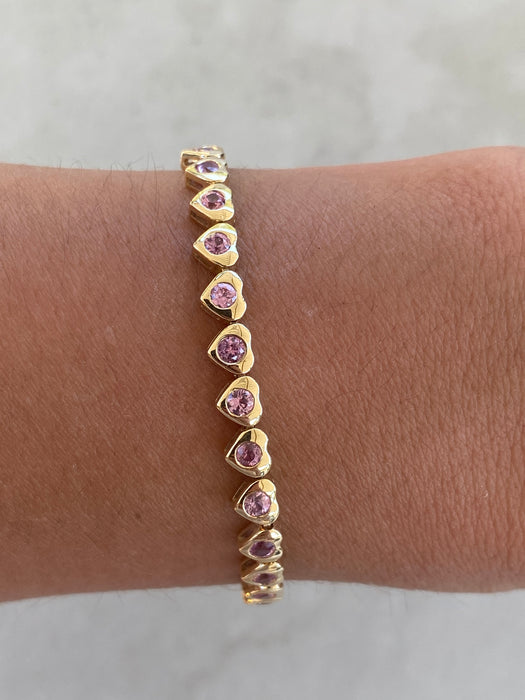 14K Natural Pink Sapphire Heart Link Bracelet