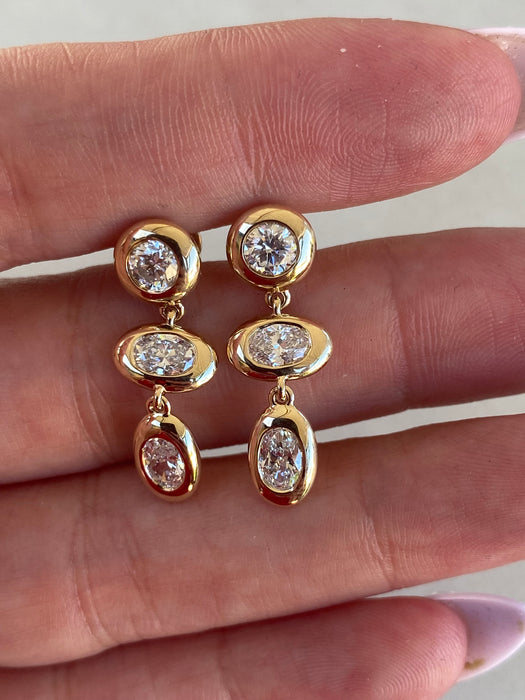 14K Gold Lab Oval & Round Diamond Bezel Drop Earrings – 1.70 CTW