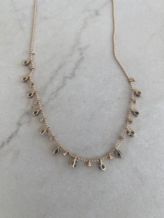 14K Blue-Green Sapphire & Diamond Charm Bead Chain Necklace