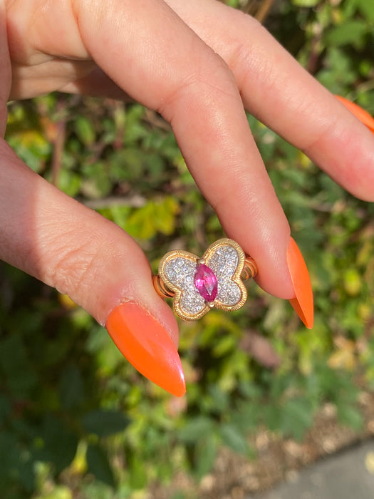 Vintage 18K & Platinum Diamond Ruby Butterfly Twist Croissant Ring – Size 5.5