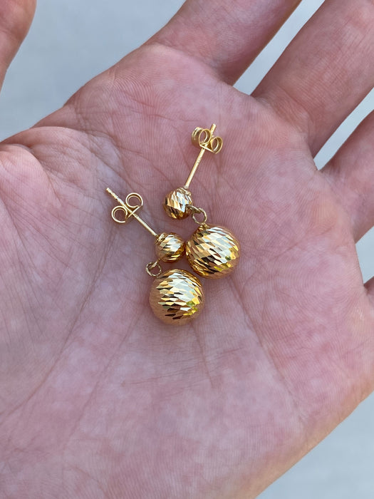 14K Gold Diamond Cut Bead Dangle Earrings – Textured Disco Ball Drop Earrings