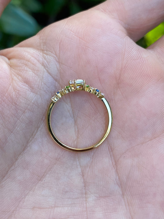 Vintage 18K Gold Moonstone, Diamond, Sapphire & Tsavorite Ring – Size 6