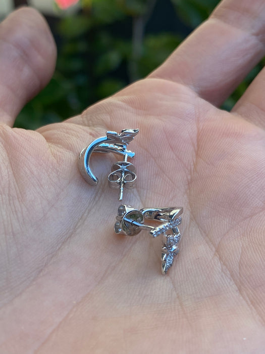 14k white gold diamond butterfly huggie earrings