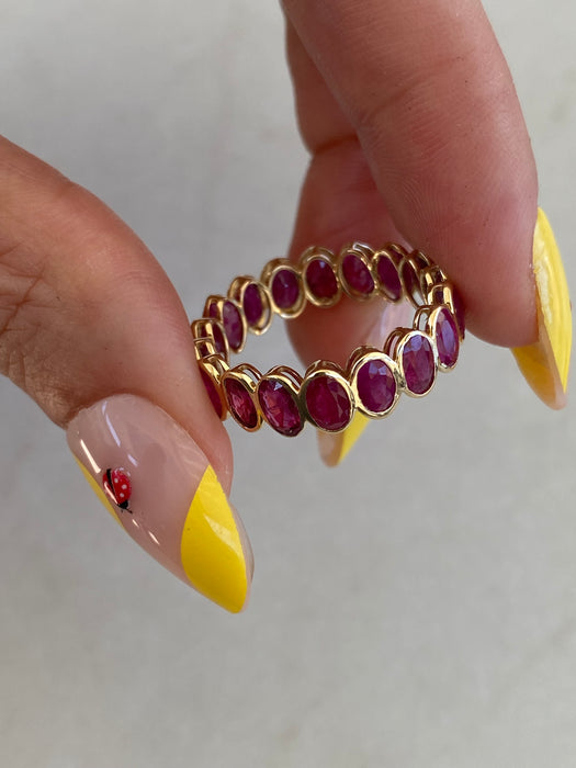 14K Gold 4.79 Carat Bezel Set Oval Ruby Eternity Ring Size 7.5