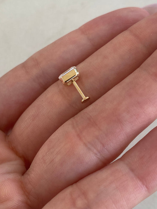 14K Gold Invisible Set Emerald Cut Lab Diamond Flat Back Stud Earring- Single