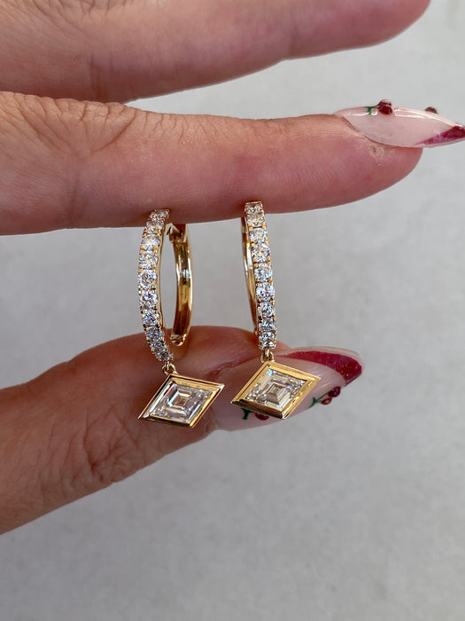 14K Gold Lab Diamond Lozenge Charm Hoop Earrings