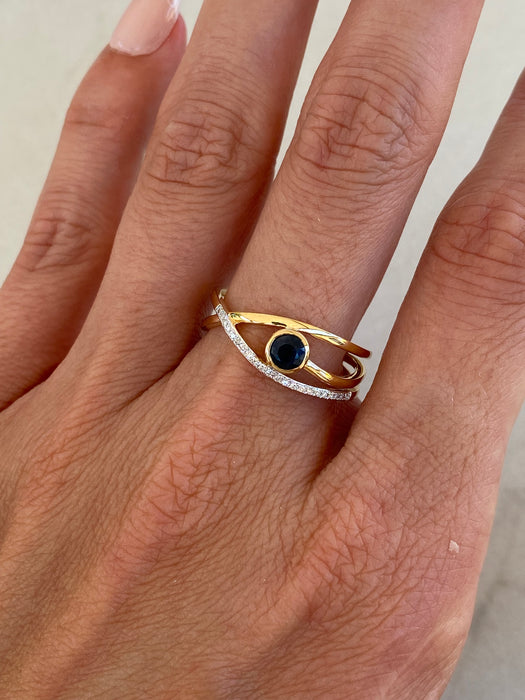 14K Gold Bezel-Set Blue Sapphire & Diamond Triple Band Ring