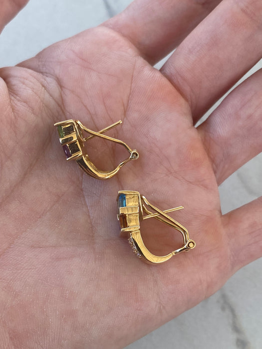 Vintage 14K Rainbow Gemstone & Diamond Omega Back Earrings