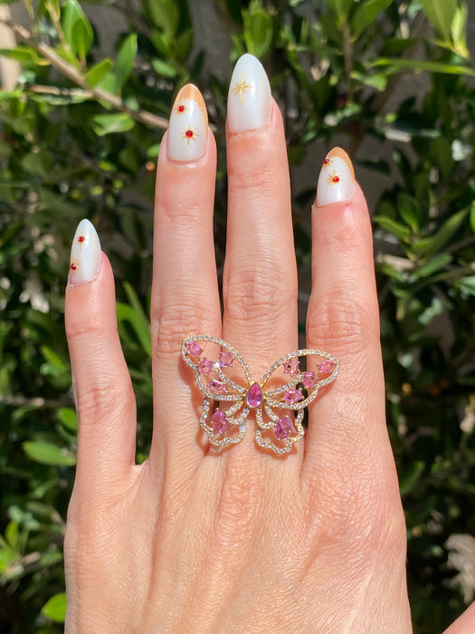 18K Gold Pink Sapphire Diamond Butterfly Ring