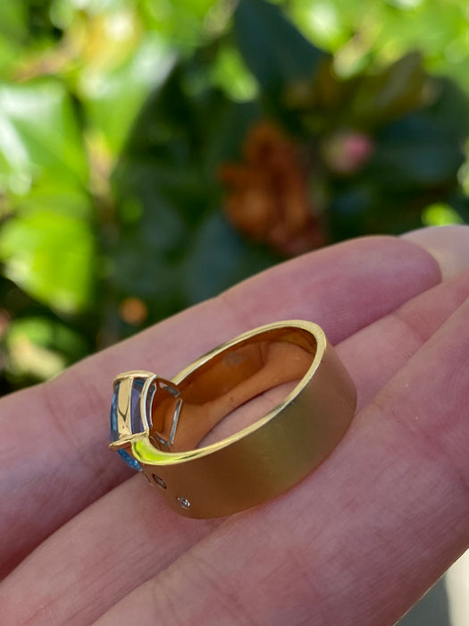 18k Brushed Gold Aquamarine & Diamond Ring – Size 6.5