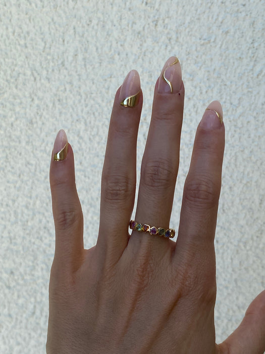 14k rainbow sapphire bezel heart eternity ring size 7.5