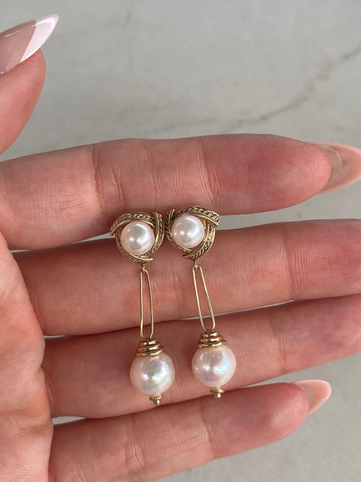 Vintage 14k Gold Double Pearl Rope Dangly Earrings