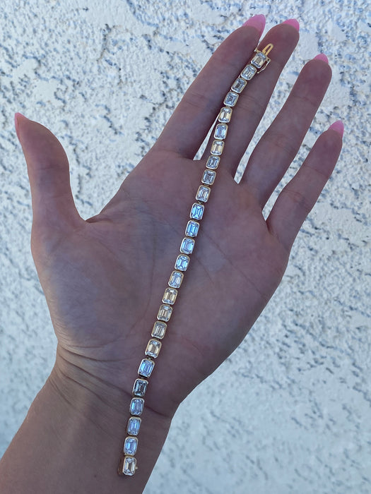 14K Gold 16 Carat Emerald Cut Lab Diamond Tennis Bracelet