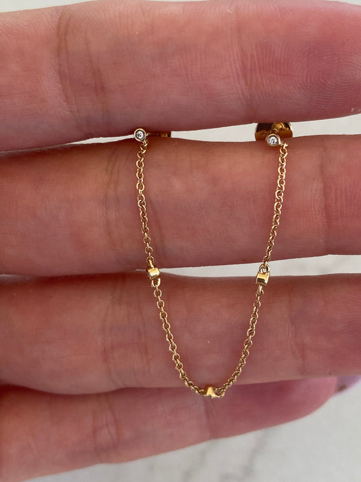 14K Gold Single Bezel Chain Double Piercing Earring
