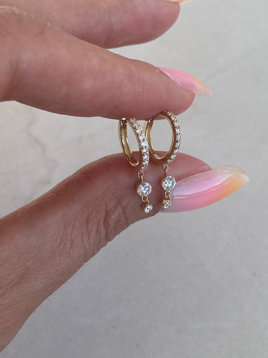 14K Gold Lab Diamond Huggie Earrings with Double Diamond Drops