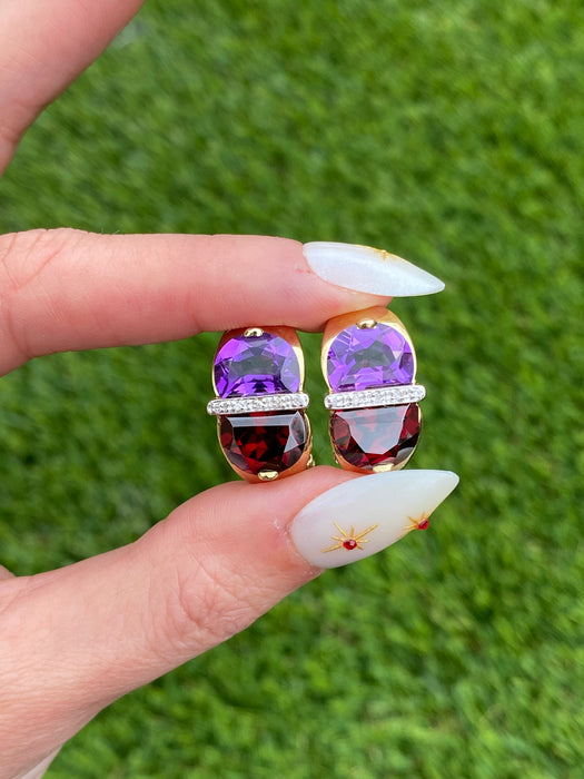 Vintage 14k Gold Amethyst & Garnet Moon Cut Diamond Earrings