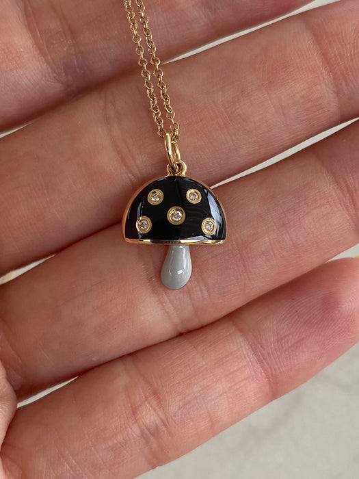 14K Gold Black & Gray Enamel Diamond Mushroom Charm Necklace | Adjustable 16-18”