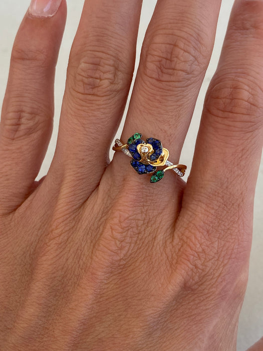 14K Gold Sapphire, Emerald & Diamond Flower Ring