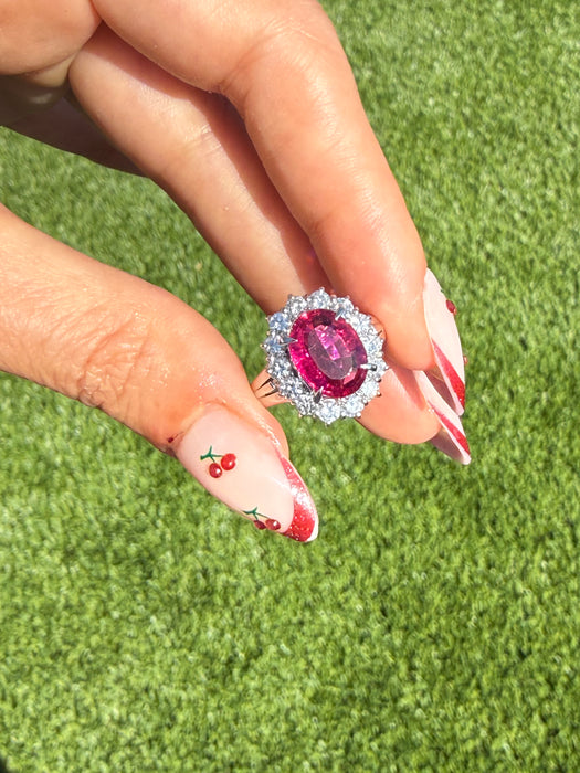 Vintage Platinum 900 Rubellite Tourmaline & Diamond Halo Ring