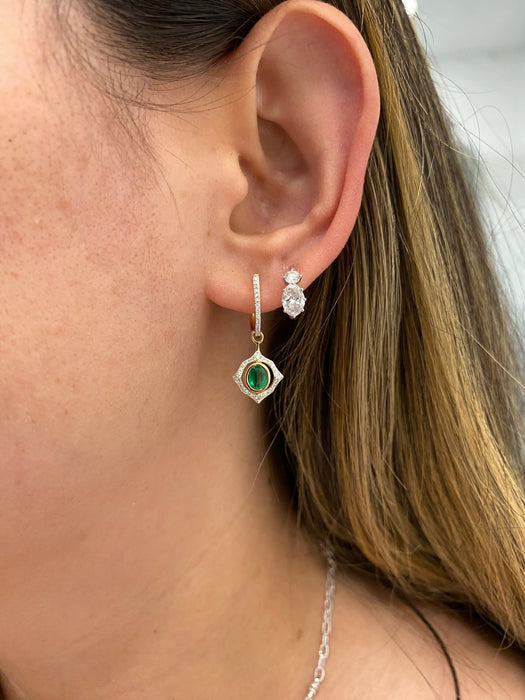 14K Gold Natural Emerald & Diamond Huggie Drop Earrings