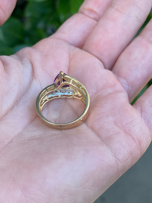 Vintage 14K Gold Trillion Amethyst Diamond Ring – Size 6.5