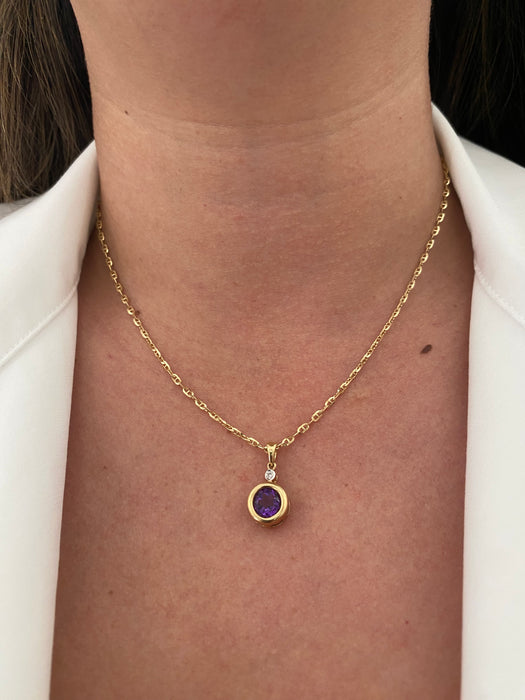 14k bezel set amethyst diamond pendant