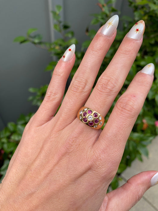 Vintage 18K Ruby and Diamond Flower Ring – Flush Set – 0.80 TCW Rubies – Size 6