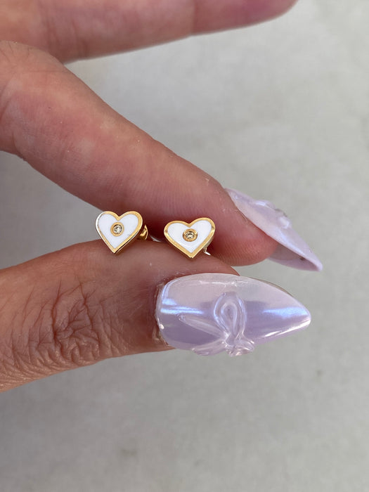 14K Gold White Enamel Diamond Heart Stud Earrings
