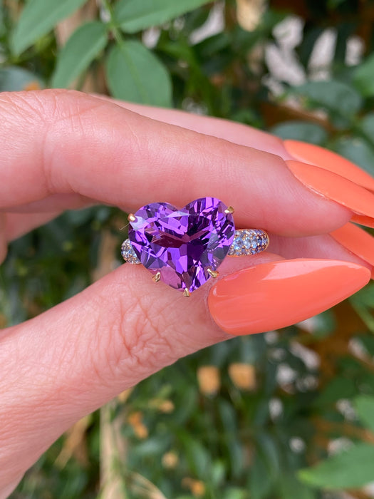 18K Gold Heart Amethyst & Ombre Sapphire Heart Ring