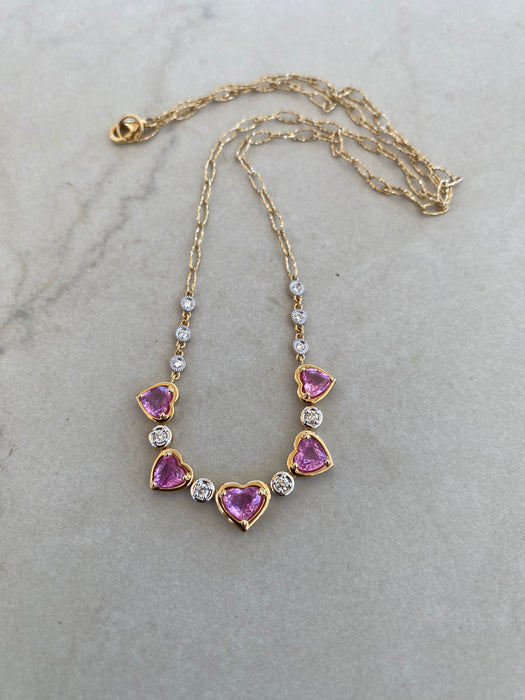 14K Gold Pink Sapphire Heart & Diamond Paperclip Necklace – 2.20 TCW Pink Sapphires