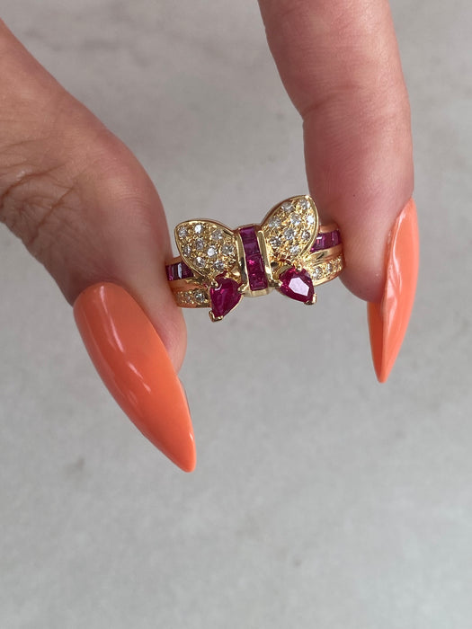 Vintage 18K Gold Ruby & Diamond Bow Butterfly Ring | 1.37 TCW Rubies | Size 6