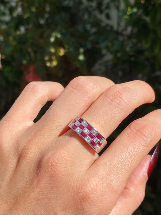 Platinum 900 ruby diamond checkerboard ring size 6.5