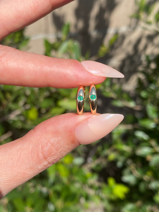 14K Gold Flush Set Emerald Huggie Earrings