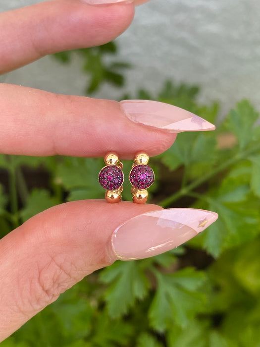 14K Gold Ruby Beaded Huggie Earrings