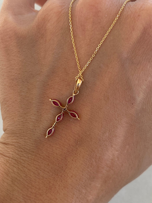 14K Rose Gold Ruby & Diamond Cross Pendant