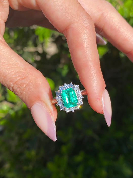 Vintage Platinum 900 Natural Emerald & Diamond Halo Ring
