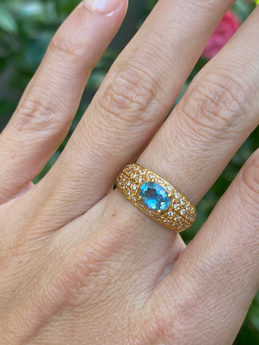 Vintage 18K Gold Aquamarine & Diamond Ring Size 6